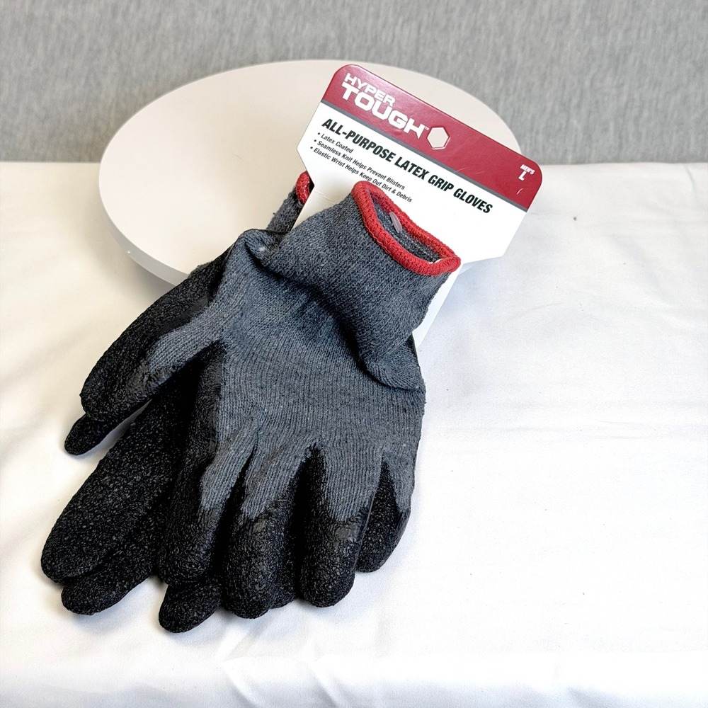 Hyper Tough Mens All Purpose Latex Grip Gloves Grey Black Large 4005 NEW